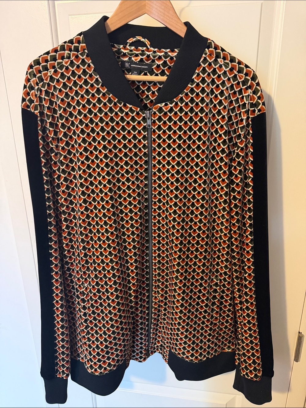 INC International Concepts Black, Orange & Cream Geometric Bomber Jacket
